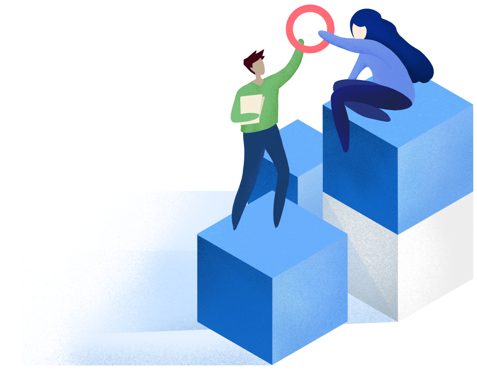 Illustration of a person handing something up to another person who is standing on a box.